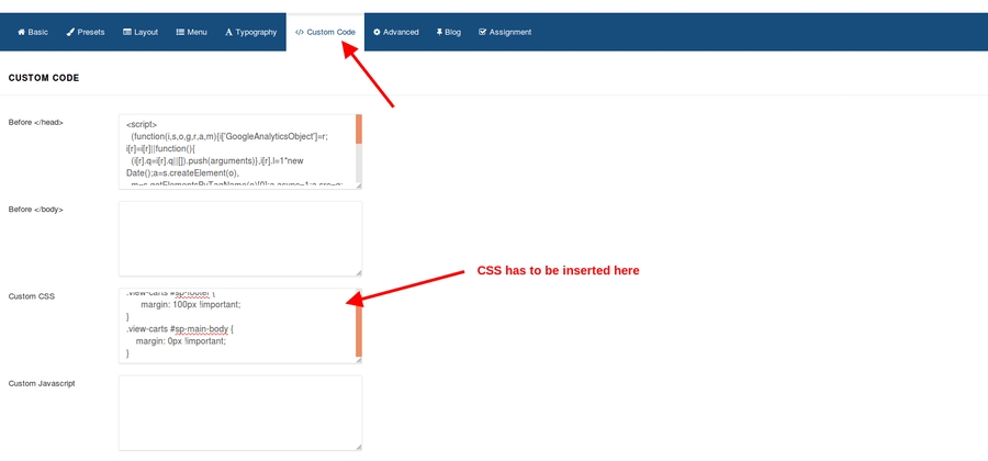 Custom code section where css can be added