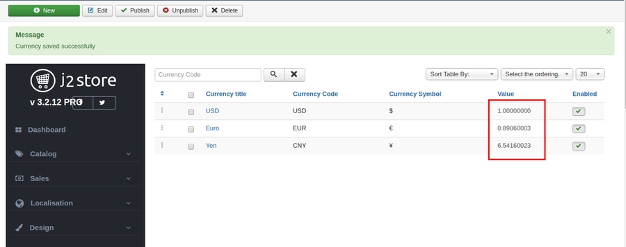 Value of available currencies